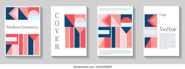 Minimal geometric pattern background covers set. Abstract circle, triangle and regtange lines art. Modern bauhaus pattern backgrounds collection. Premium mockups. Corporate report covers.