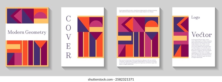 Minimal geometric pattern background covers set. Abstract shapes composition minimalist templates. Modern bauhaus pattern backgrounds collection. Mural patterns bundle. Company identity brochures.