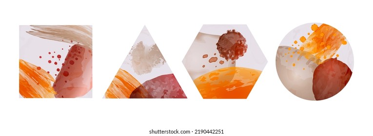 Minimal geometric pattern background. Texture graphic style, paper shapes. Simple decor, watercolor paint stains in circle square and triangle forms. Abstract art. Vector design posters