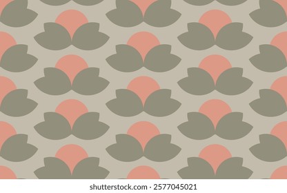 Minimal geometric pattern with rising sun behind the flowers in a dusty color palette of peach and green on gray background. A seamless vector pattern. Great for homedecor, fabric, wallpaper, giftwrap