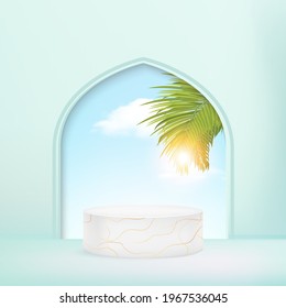 Minimal geometric podium background  with palm leaves. 3d illustration.