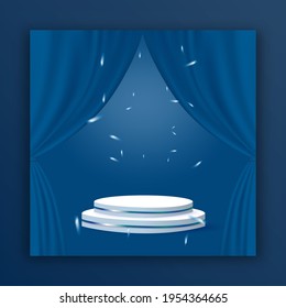 minimal geometric podium with curtain, editable social media post template for promotion.
