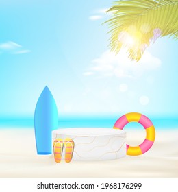 Minimal geometric podium with daylight beach background and palm leaves.