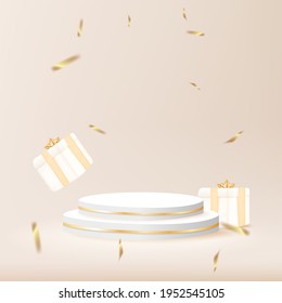 Minimal geometric podium with gift box and confetti. 3d vector illustration.