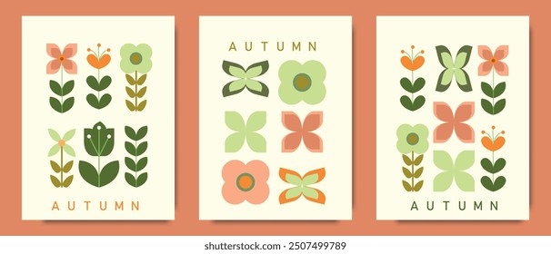 Minimal geometric poster set with autumn flowers and leaves. Harvest day and Thanksgiving backgrounds. Autumn atmosphere. Vector flat illustration.