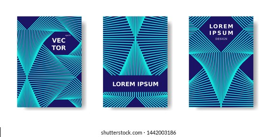 Minimal geometric poster set. Blue and neon cover design with lines. Vector A4 catalog,magazine, cover futuristic set.