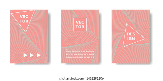 Minimal geometric poster set. Coral color 2019 cover design with lines. Vector A4 catalog,magazine, cover futuristic set.