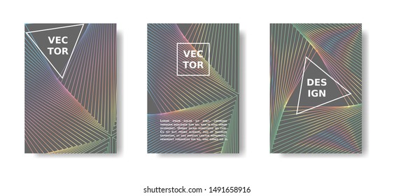 Minimal geometric poster set. Rainbow and grey cover design with lines. Vector A4 catalog,magazine, cover futuristic set.