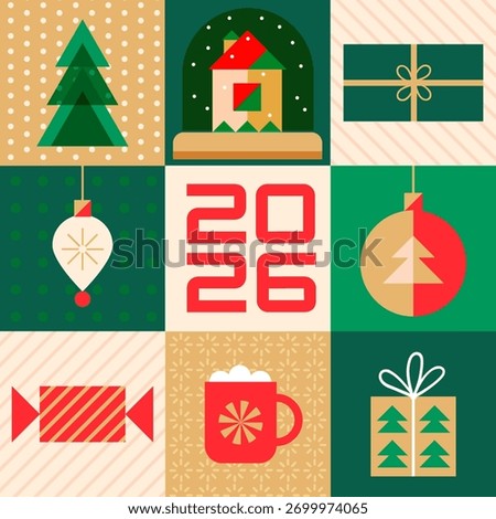 Minimal geometric poster with stylized tree, 2026, gifts, house, cocoa cup, candy, and balls. Simple festive art for Christmas and New Year mood.