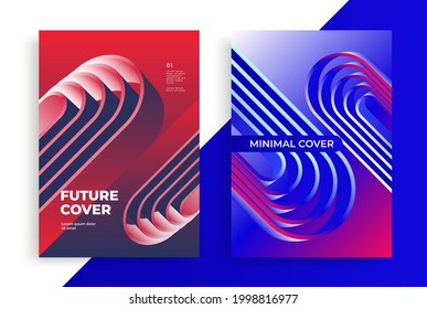 Minimal geometric posters with futuristic blue and red color 3d arch. Abstract arc composition for cover design. Vector