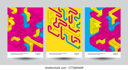 Minimal geometric posters set. Colorful 3D lines patterns.	