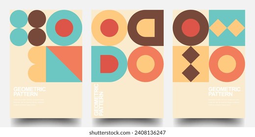 Minimal Geometric Posters Set. Colorful Patterns. Bauhaus And Swiss Pattern Background, Abstract Geometric Shape Design Vector Poster. Graphic Element for Fabric, Textile, Clothing. Eps10 vector.
