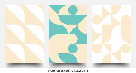 Minimal Geometric Posters Set. Colorful Patterns. Bauhaus And Swiss Pattern Background, Abstract Geometric Shape Design Vector Poster. Graphic Element for Fabric, Textile, Clothing. Eps10 vector.