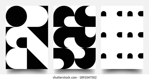 Minimal Geometric Posters Set. Monochrome Patterns. Bauhaus And Swiss Pattern Background, Abstract Geometric Shape Design Vector Poster. Eps10 vector.