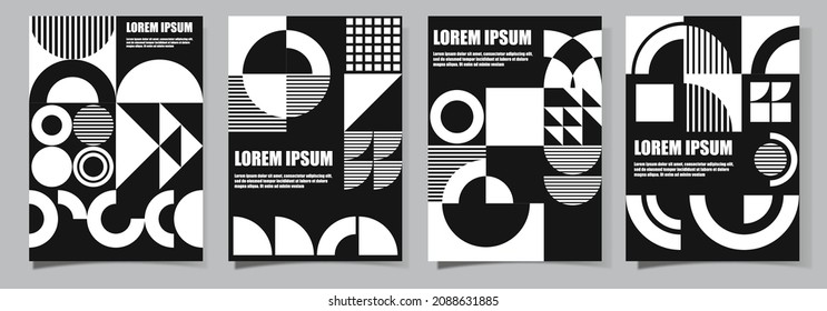 afiches geométricos mínimos. Diseño de moda. Patrón transparente abstracto geométrico blanco y negro. Medio círculo, triángulo, diseño de rayas para afiche, fondo, plantilla, tela, textil, textura. EPS10