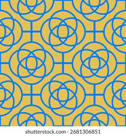 Minimal geometric seamless pattern with blue overlapping circles on yellow background. Abstract modern design for textile, wallpaper, wrapping paper, and decoration.