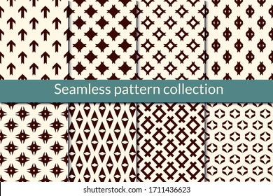 Minimal geometric seamless pattern collection. Simple geo design background set. Mini star, diamond, arrow motif print kit. Modern wallpaper vector bundle. All ornaments were added in swatches palette