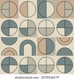Minimal geometric seamless pattern featuring half-circles in a soft color palette of beige, light gray, and muted blue. Perfect for modern backgrounds, textiles, and digital designs.
