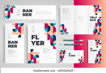Minimal geometric Set flyer cover, tri-fold, banner, roll up banner, business card