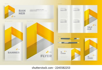 Minimal geometric Set flyer cover, tri-fold, banner, roll up banner, business card yellow color