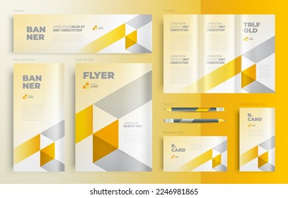 Minimal geometric Set flyer cover, tri-fold, banner, roll up banner, business card yellow color