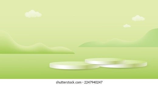 minimal geometric shape template  3d Paper cut abstract background. Green cylinder podium on green nature mountains hills landscape.Vector illustration.
