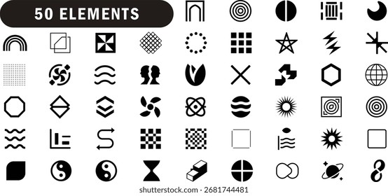 minimal geometric shapes and abstract icon set in black and white vector design elements for modern graphic templates
