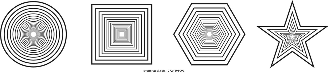Formas geométricas mínimas con patrones de líneas concéntricas en estilo de Vector moderno. Las formas circulares, cuadradas, hexagonales y estelares limpias crean profundidad óptica. Ideal para iconos, logotipos y diseño abstracto.