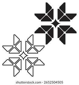 Minimal geometric sharp arrow motif set - solid and outline. A versatile design set featuring both solid and outline versions of the sharp, arrow-style symmetric motif, ideal for diverse graphic applications. Perfect for logos, icons or digital projects.