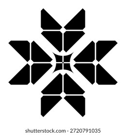Motivo mínimo de seta afiada geométrica com centro segmentado em preto. Um símbolo geométrico moderno com pétalas simétricas afiadas, em forma de seta e um centro dividido único de quatro partes, ideal para padrões minimalistas, logotipos, ícones ou projetos digitais.