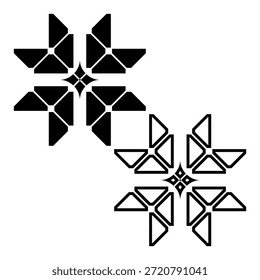 Mínimo geométrico seta afiada motivo segmentado conjunto em preto. Um conjunto abrangente com versões sólidas e contornos do motivo geométrico agudo, em estilo de seta, com um centro segmentado. Perfeito para logotipos, ícones ou projetos digitais.