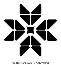 Minimal geometric sharp arrow motif with solid center in black. A clean and modern geometric symbol featuring sharp, arrow-like symmetric petals and a solid star-shaped center, perfect for abstract branding or minimalist graphic elements. Perfect for logos, icons or digital projects.