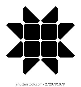 Motivo mínimo de seta afiada geométrica com centro de bloco pixelado em preto. Um design geométrico estruturado com elementos externos em forma de seta afiada e um centro proeminente em estilo de bloco pixelizado. Perfeito para logotipos, ícones ou projetos digitais.