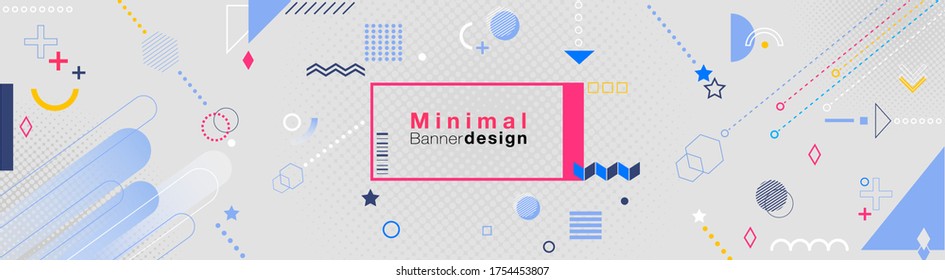 Minimal geometric simple banner template with patterns square modules colored geometric composition on white background.