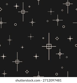 Minimal geometric sparkles and star Seamless pattern on black background with minimalist white line elements for wallpapers, packaging, digital design, fabric prints, branding. Vector illustration