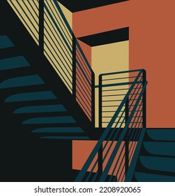 
Minimale geometrische Treppen, Bögen.
Abstrakte Treppen, Poster. Modernes Design, Kunstdruck, minimale Wanddekoration, Vektorgrafik. Futuristische Illustration eines Treppenhauses. Die richtige Perspektive wird beobachtet