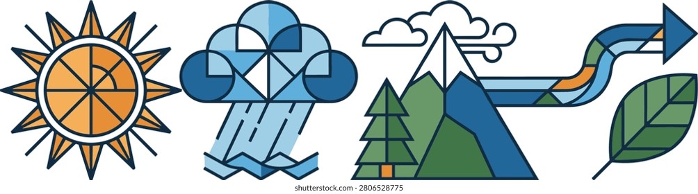 Minimal geometric vector icon set featuring sun, rain cloud, mountain landscape, pine forest, and eco leaf with growth arrow. Perfect for weather, climate, environment, sustainability, renewable energy, nature, outdoor, branding, web, and infographic design.

#NatureIcons #VectorIllustration #GeometricDesign #MinimalIcons #SunIcon #RainIcon #MountainIcon #Forest #EcoLeaf #Sustainability #RenewableEnergy #Weather #Environment #Climate #FlatDesign #GraphicDesign #AdobeStock #StockIllustration #EcoFriendly #ModernVector