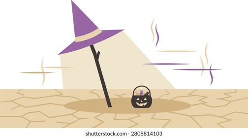 Minimal geometric vector illustration of a pointed witch hat mounted like a beach umbrella, casting shade over a tiny Halloween candy bucket during an intense summer heatwave. Isolated on a white background with a modern, flat color palette.