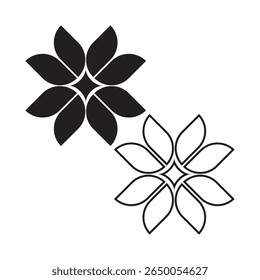 Minimal geometric vector set with floral motif flower in black. This design features a unique variation of a minimal black vector floral flower motif set including both solid and outline styles with symmetric geometric petals. Perfect for logos, icons or digital projects.