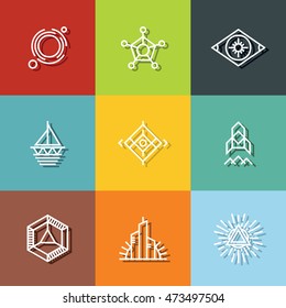 Minimal geometric vintage white labels on color background with dark shadow. Vector illustration