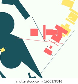 Minimal geometrical backdrop in a retro futuristic style. Background with chaotically scattered geometric elements. Creative vintage poster. Suprematism concept.