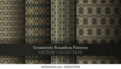 Minimal geometrical rhombus seamless tracery set. British motif ethnic patterns. Rhombus zigzag geometric vector repeat ornament package. Cover background swatches.