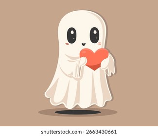 Personaje fantasma mínimo que sostiene un gran corazón rojo, flotando ligeramente sobre el suelo sobre un fondo beige. Simple y dulce. Ilustración vectorial.