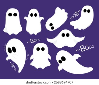 Clipart fantasma mínimo Set de Boo lindo para el elemento de Paquete de Vector de Halloween Personajes fantasmas de Halloween adorables en múltiples poses con sombras suaves y Formas simples. Proporcionado como Vector EPS