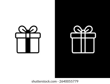 Minimal gift box icon in black and white. Simple line art style with ribbon and bow, shown on contrasting backgrounds. Ideal for web, apps, and festive designs.