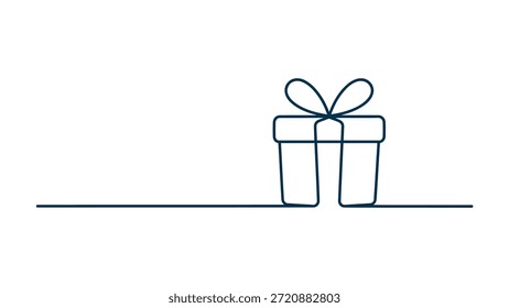 Minimal gift box line illustration with ribbon and bow modern continuous outline vector design isolated on white background for celebration and surprise concepts