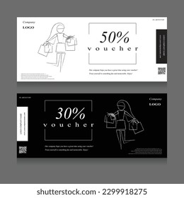 Minimal Gift Voucher Promotion Sale Discount pattern, black and white background Hand drawn cartoon woman shopping background, vector illustration