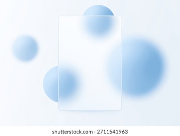 Panel de morfismo de vidrio mínimo con esferas azules flotantes sobre un fondo claro. Diseño de interfaz de usuario limpio y moderno para el diseño de Web, App o presentación.