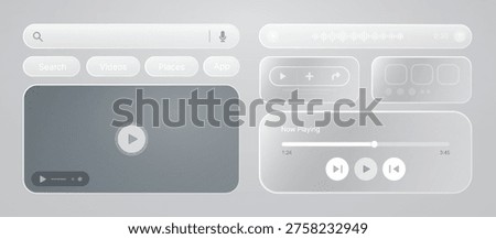 Minimal glassmorphism UI, UX for Media App. Neumorphic Interface Kit. UI, UX templates - bars, widgets, buttons, media players, tabs, cards, sliders for design Mobile Phone App. Vector graphic set