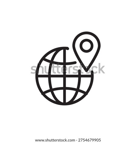 Minimal global location line icon featuring a globe with map pin representing worldwide positioning, international navigation and global mapping services